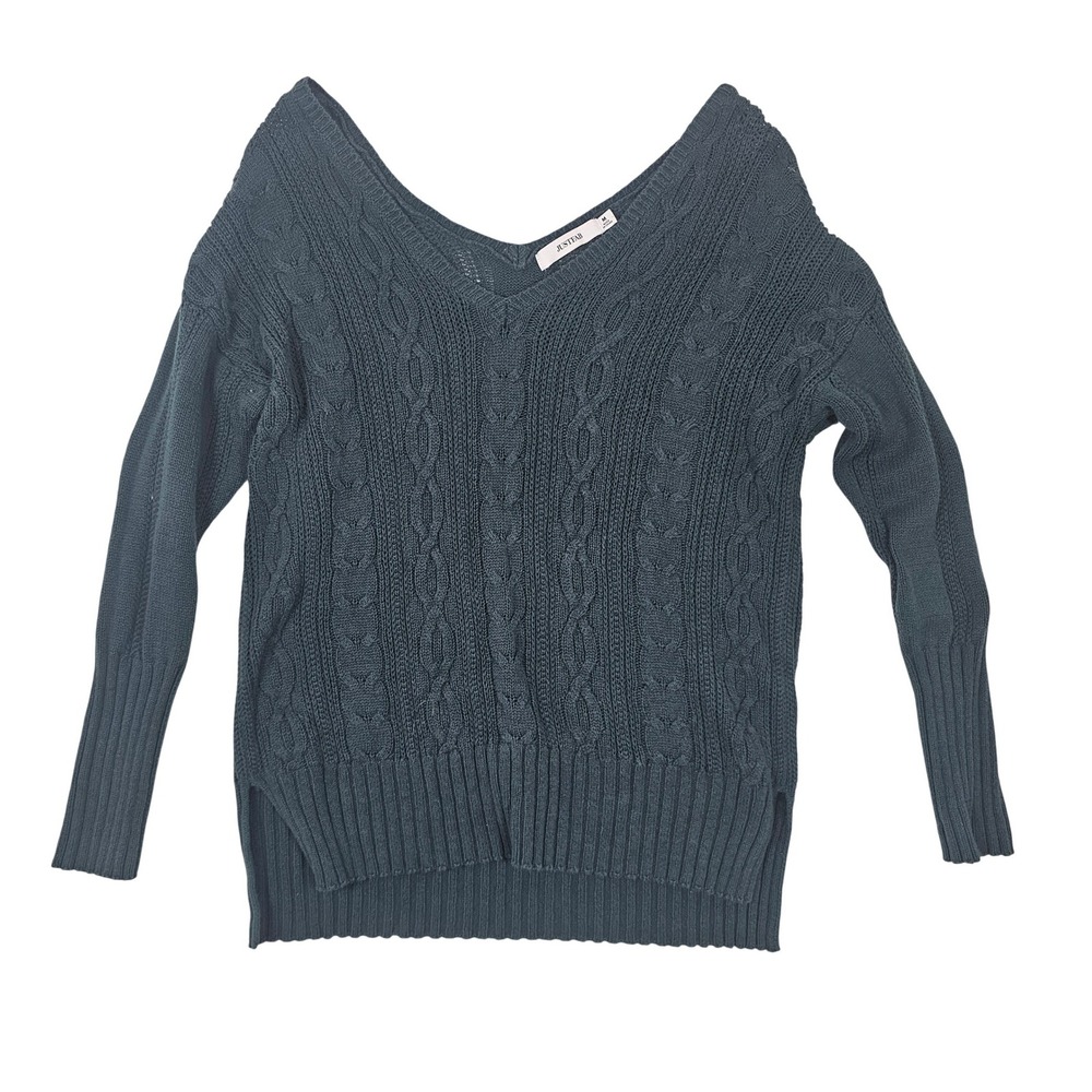 JustFab Womens Cable Knit V-Neck Sweater Dark Green Teal Long Sleeve Size Medium